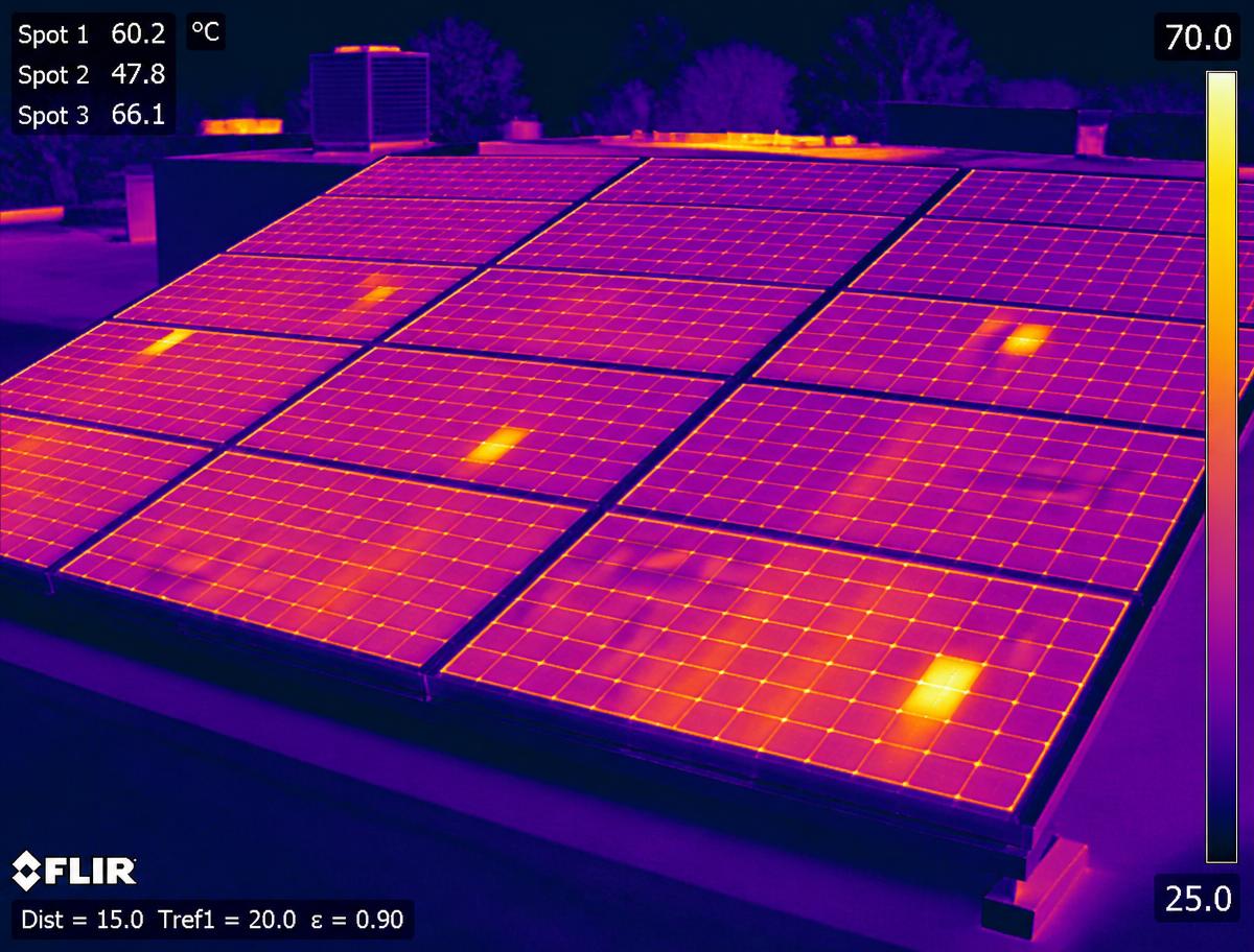 Example thermal image of a solar panel array showing temperature variation
